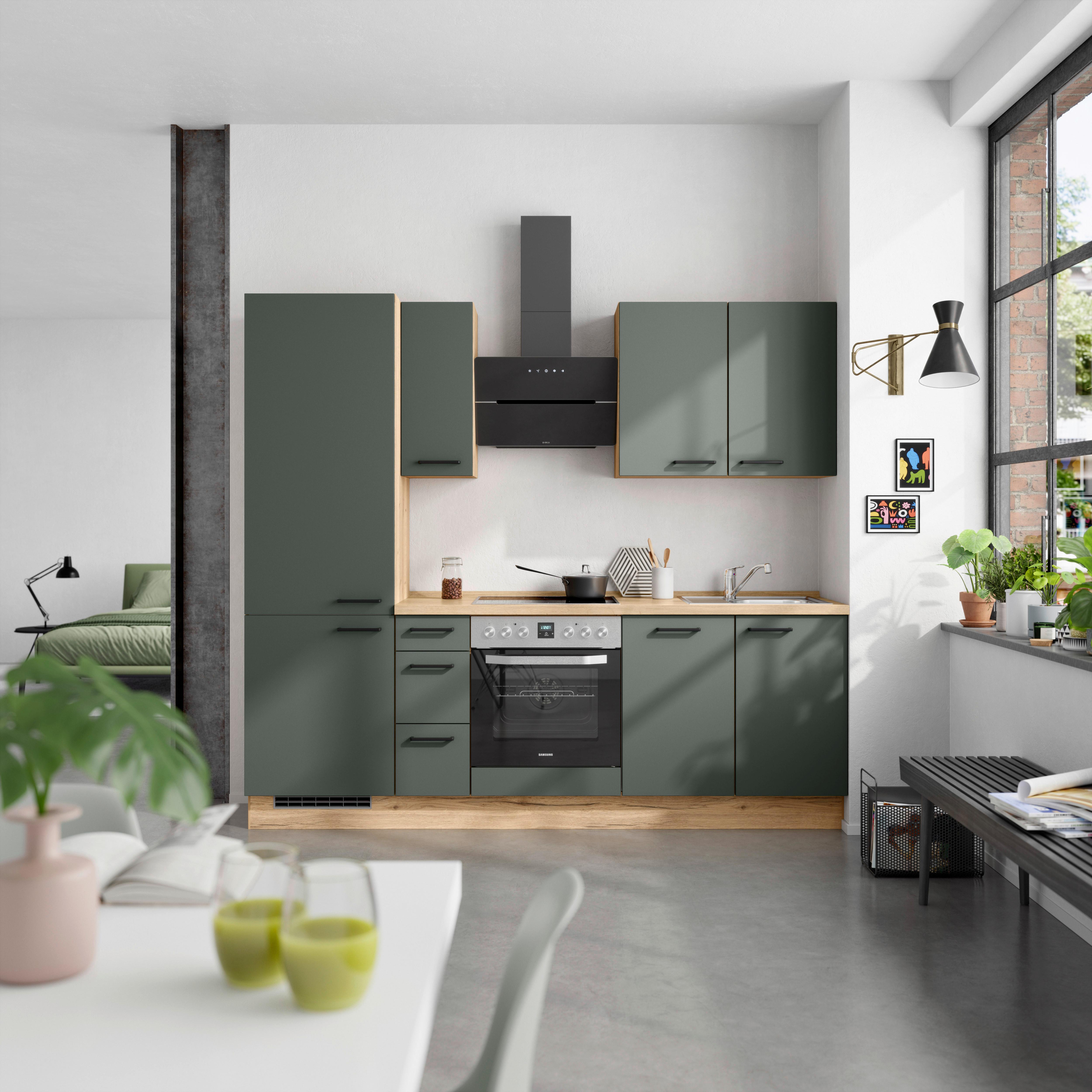 Küchenblock Easytouch High m. Geräten Dunkelgrün - Dunkelgrün/Eichefarben, MODERN, Holzwerkstoff/Metall (240cm) - Nobilia