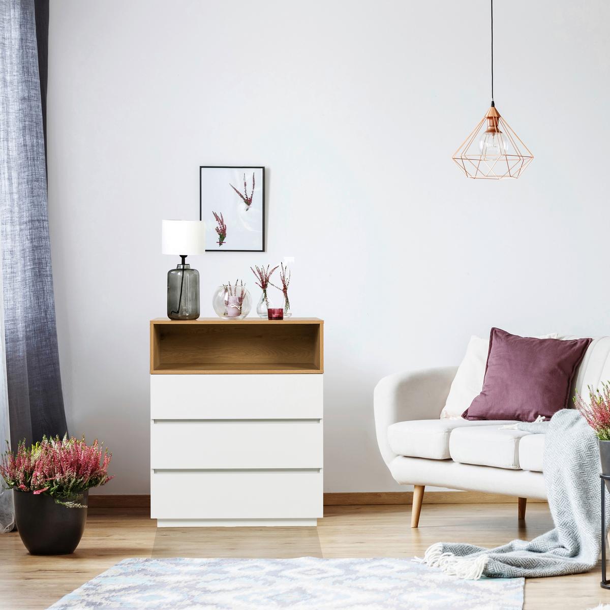 Komoda Melmo, Bela, Barva Hrasta - barve hrasta/bela, Moderno, umetna masa/leseni material (80/100/40cm) - MID.YOU