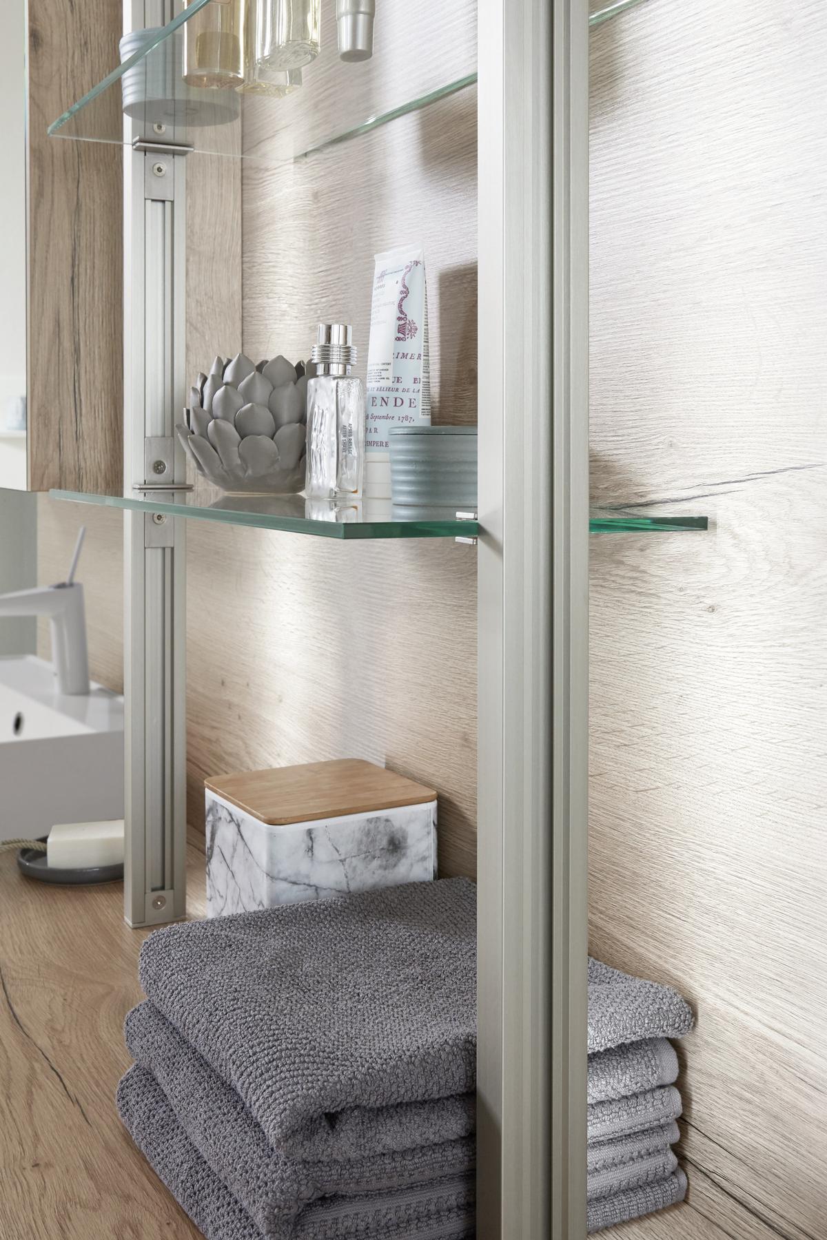 Mobilier de baie la comanda Lars - alb/culoare lemn stejar, Modern, sticlă/piatră (197,8cm) - Celina Home