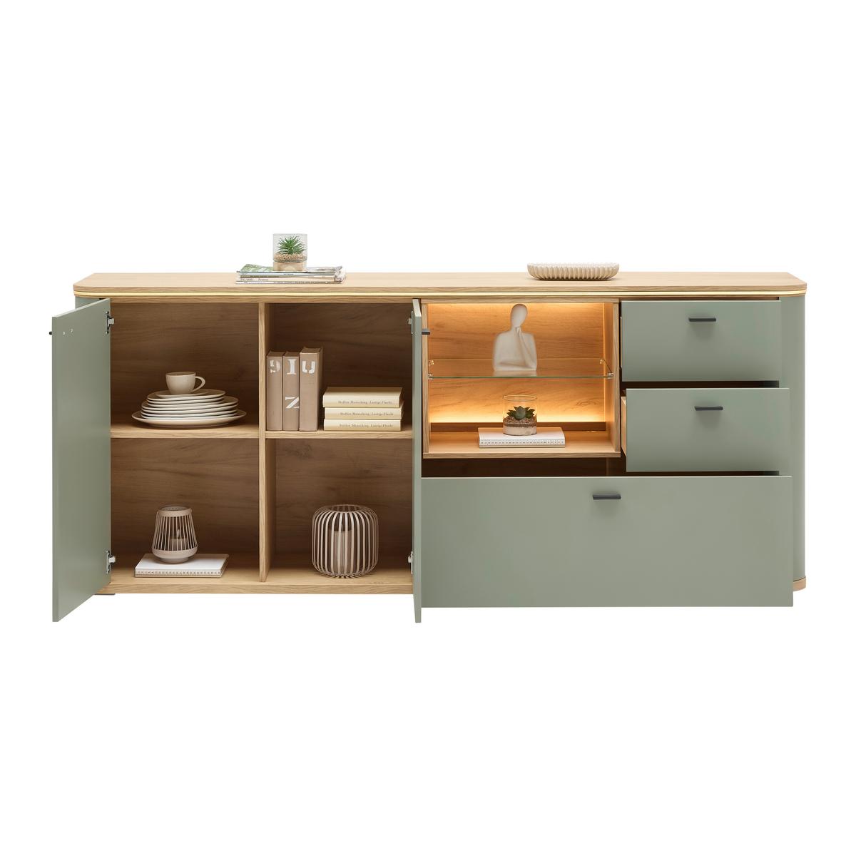 Sideboard Lagos Salbeigrün/Eiche Artisan - Salbeigrün/Anthrazit, Modern, Glas/Holzwerkstoff (210,2/87,5/42,5cm) - Premium Living