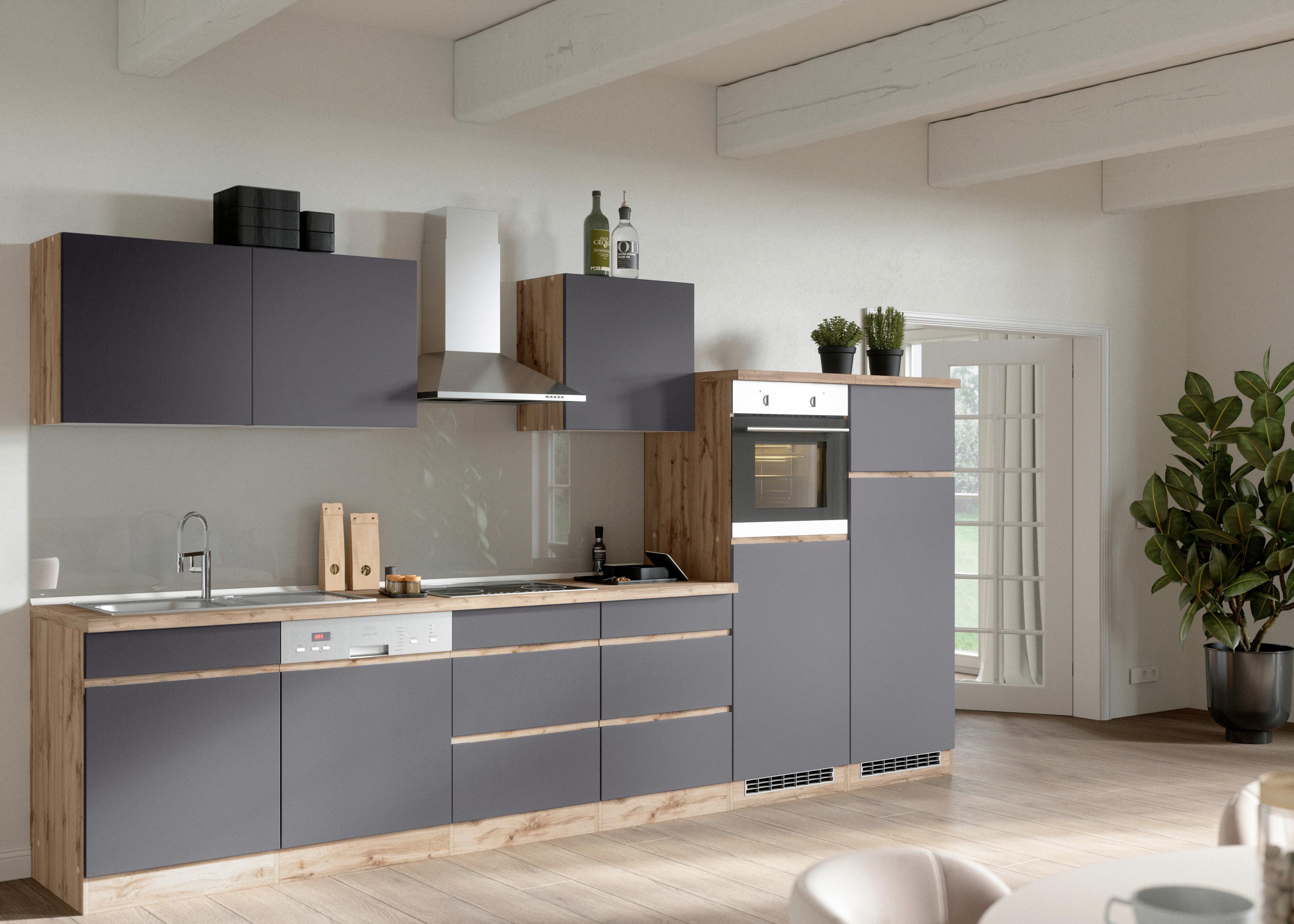 Küchenzeile Turin mit Geräten ca. 360 cm Grau/Wotan Eiche - Eiche Wotan/Grau, Design, Holzwerkstoff (360cm) - Held