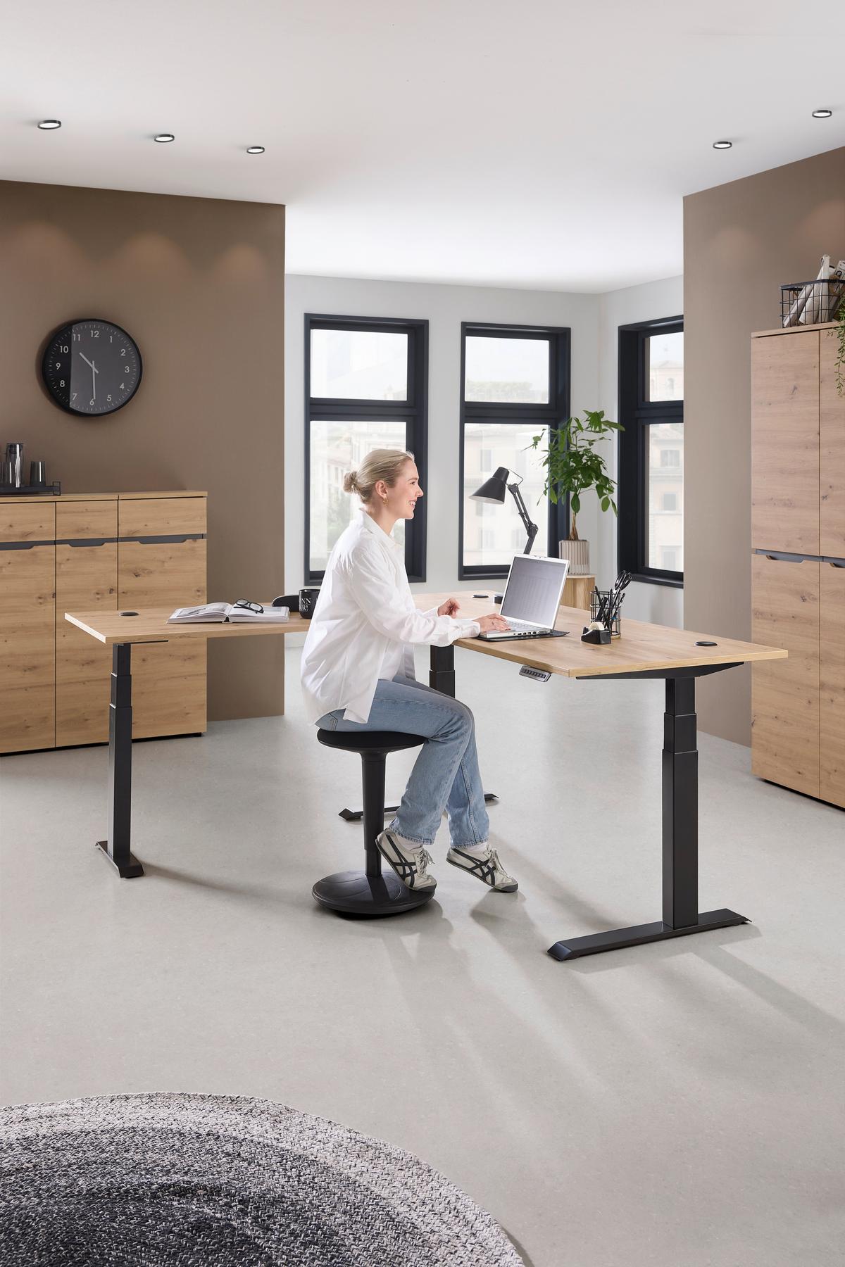 Eckschreibtisch Memphis In Eiche Artisan/graphitfarben - Graphitfarben/Eiche Artisan, Modern, Holzwerkstoff/Metall (185/77/64-129cm) - Premium Living