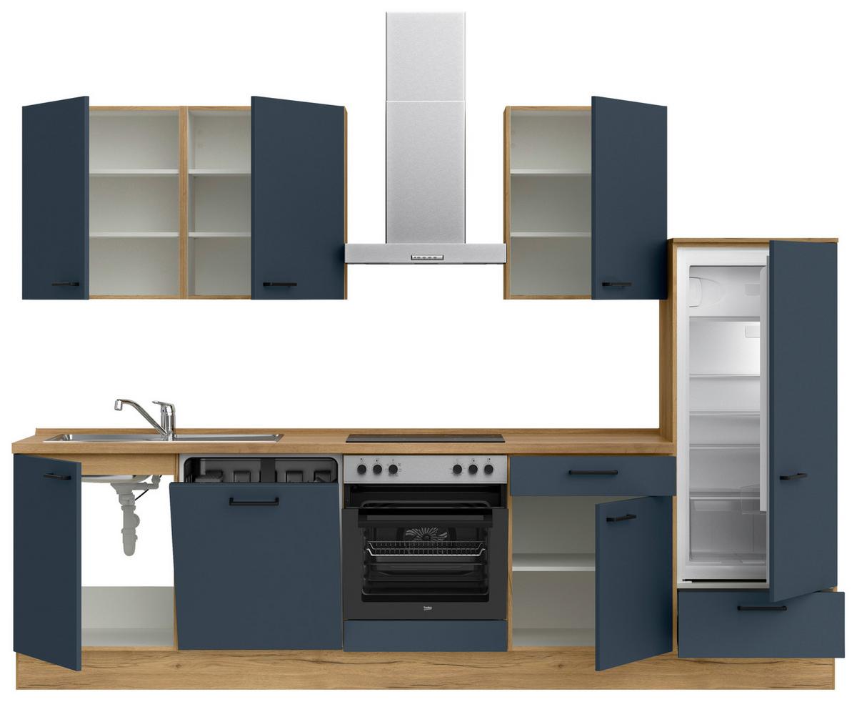 Küchenblock Easytouch Low m. Geräten Dunkelblau - Eichefarben/Schwarz, MODERN, Holzwerkstoff/Metall (300cm) - Nobilia
