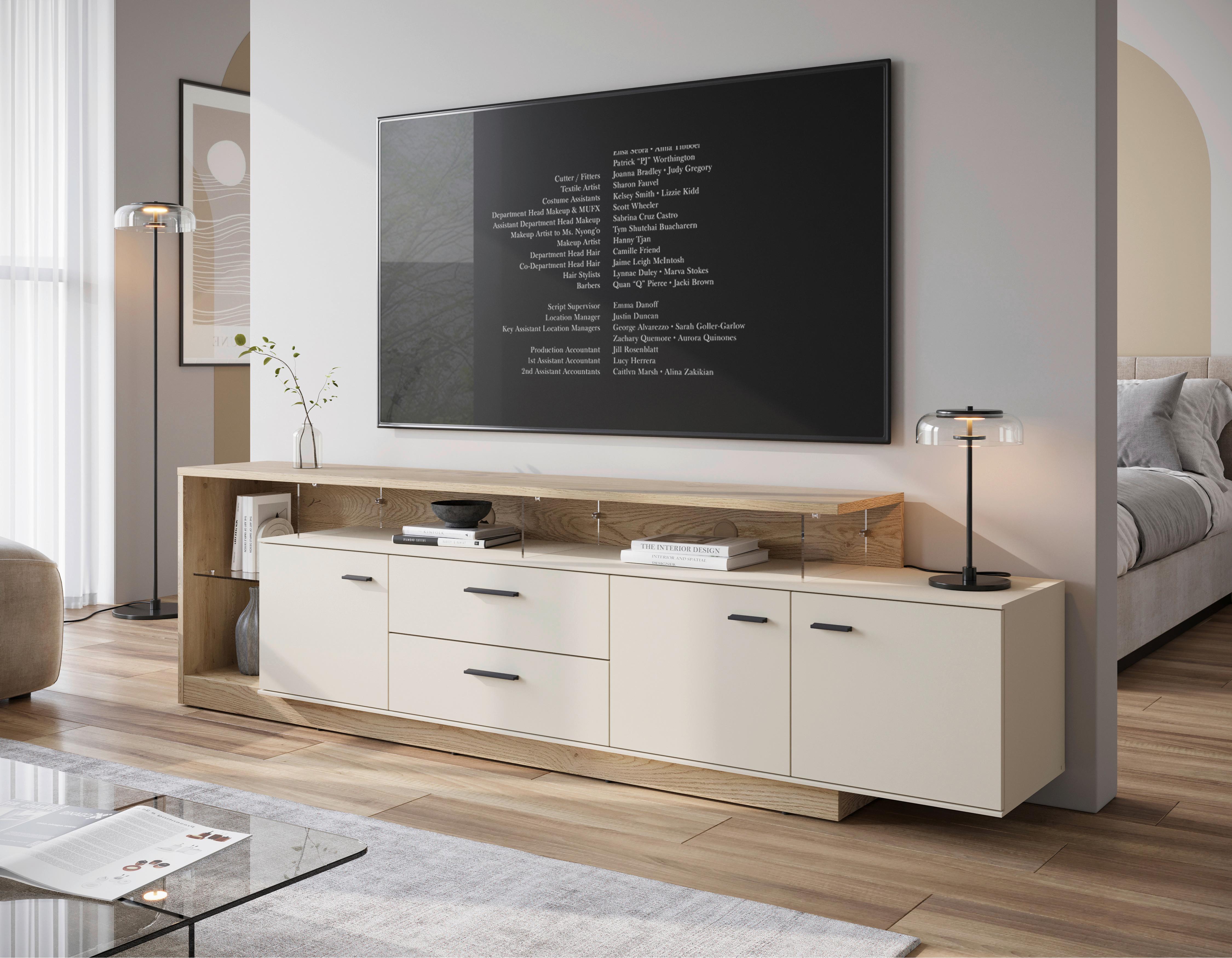 Comodă TV MEOLO - cașmir/culoare lemn stejar, Modern, sticlă/material pe bază de lemn (236,4/65,5/40cm) - Modern Living
