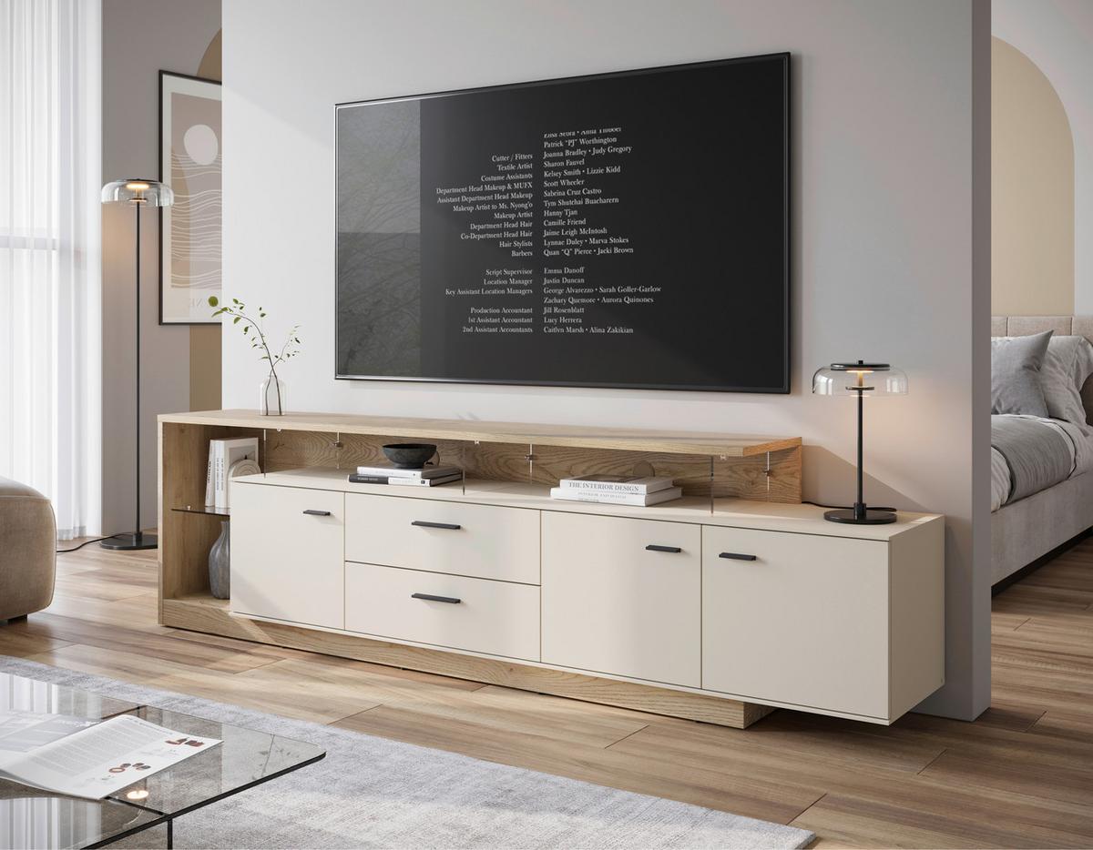 Comodă TV MEOLO - cașmir/culoare lemn stejar, Modern, sticlă/material pe bază de lemn (236,4/65,5/40cm) - Modern Living