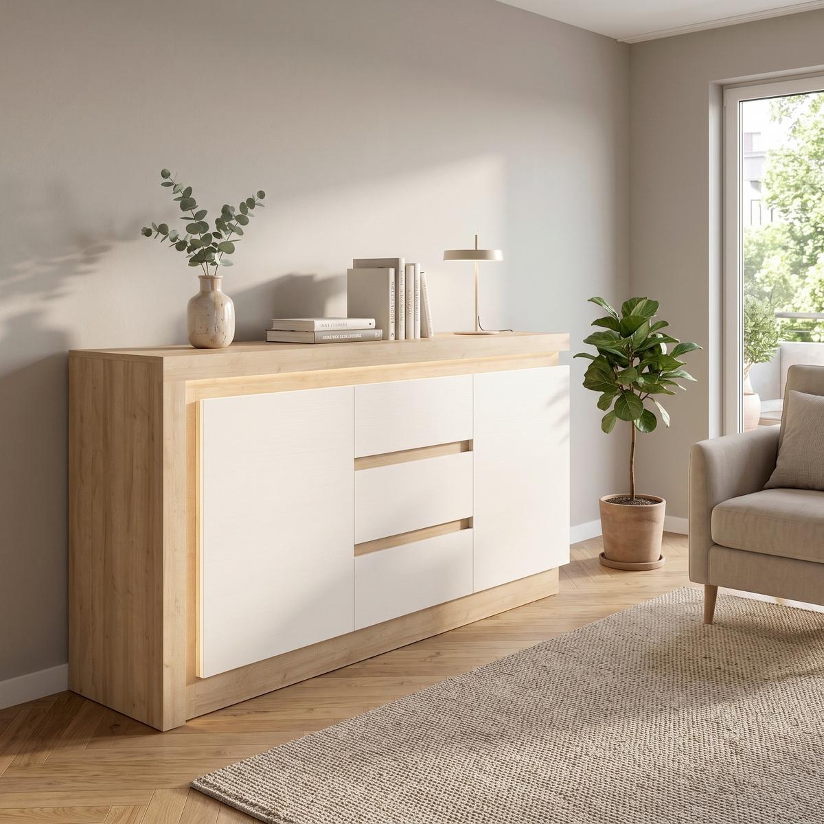 Komoda Lyon - boje hrasta/bijela visoki sjaj, Trend, drvni materijal/plastika (157,6/89,1/42cm) - Modern Living