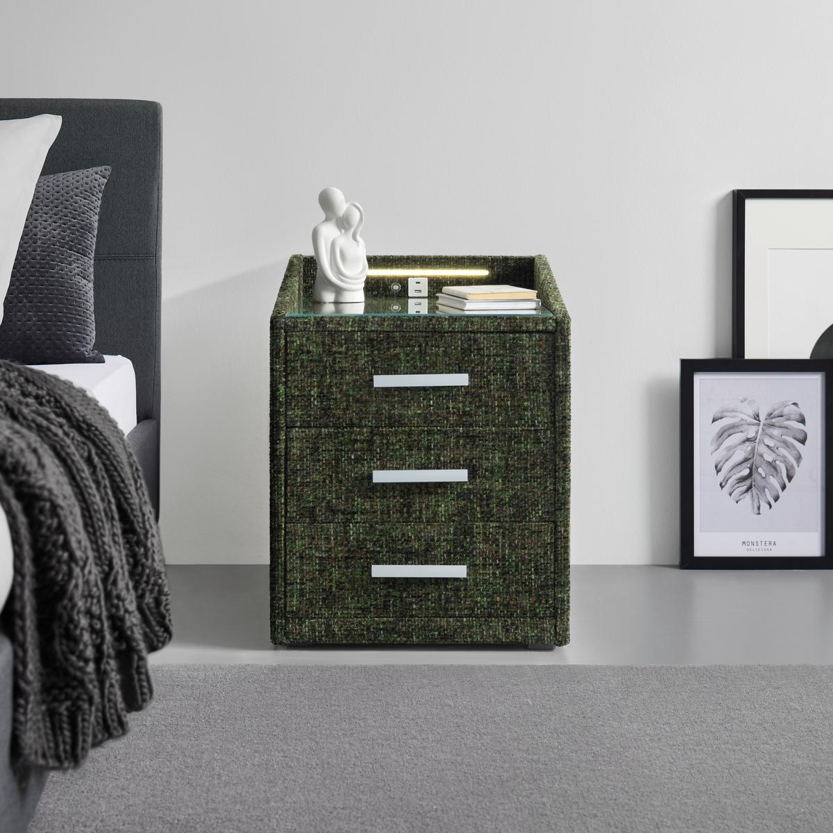 Nachtkästchen Moon Grün mit USB- und Typ C-Anschluss - Silberfarben/Schwarz, KONVENTIONELL, Holzwerkstoff/Kunststoff (47/61/46cm) - Premium Living