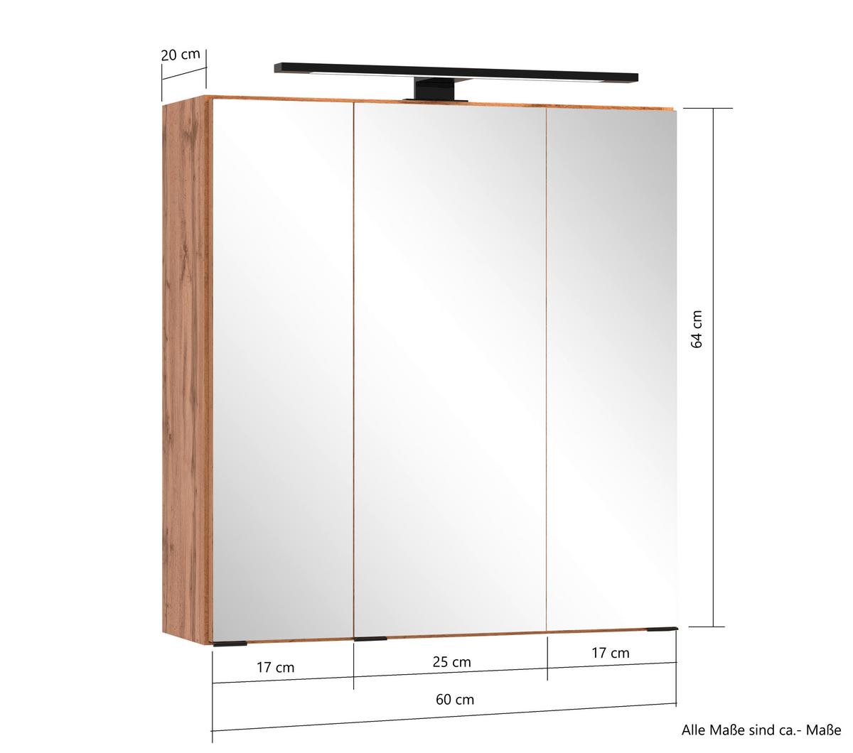 Spiegelschrank Chester mit LED 3-türig ca. 60x68 cm Eiche - Eiche Wotan/Schwarz, MODERN, Glas/Holzwerkstoff (60/67,5/20cm) - Held