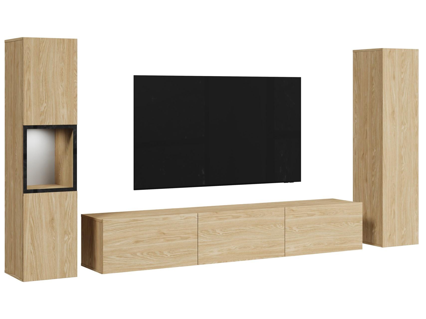 Ansamblu mobilier cameră de zi BERLIN - culoare lemn stejar, Design, sticlă/material pe bază de lemn (240/130/31cm) - P & B