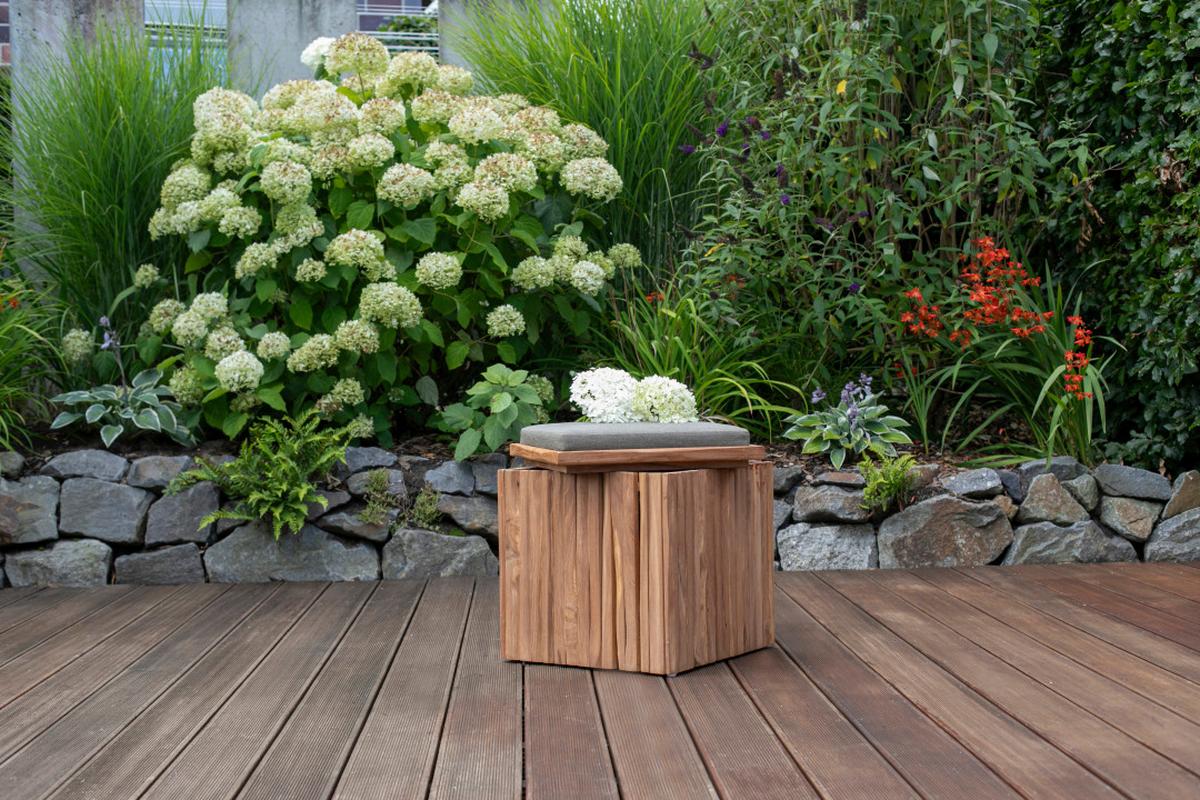 Gartenhocker Woodie Teak mit Stauraum - Taupe/Braun, Basics, Holz/Textil (45/45/45cm) - Gardenson