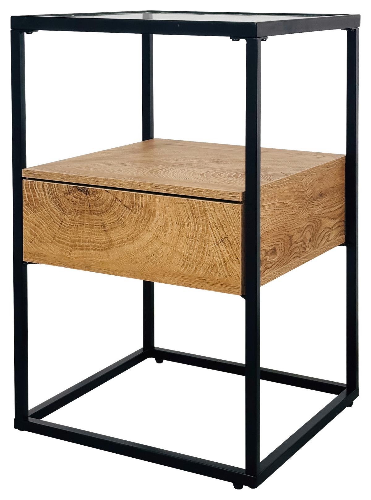 Măsuță auxiliară NOAH - culoare lemn stejar/negru, Modern, sticlă/metal (40/62/40cm) - Modern Living