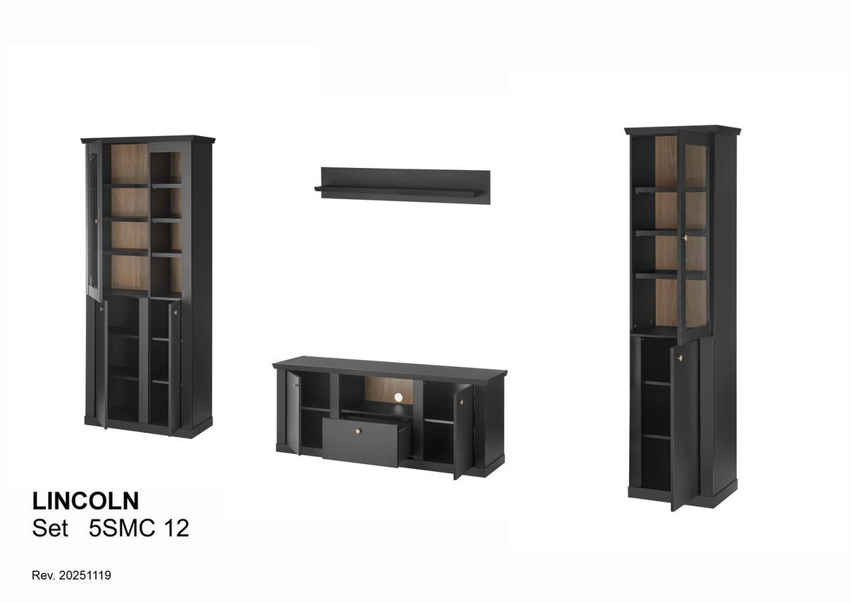 Wohnwand Lincoln Schwarz/Eichefarben B: 319cm - Eichefarben/Messingfarben, Design, Holzwerkstoff/Metall (319/200/42cm) - MID.YOU