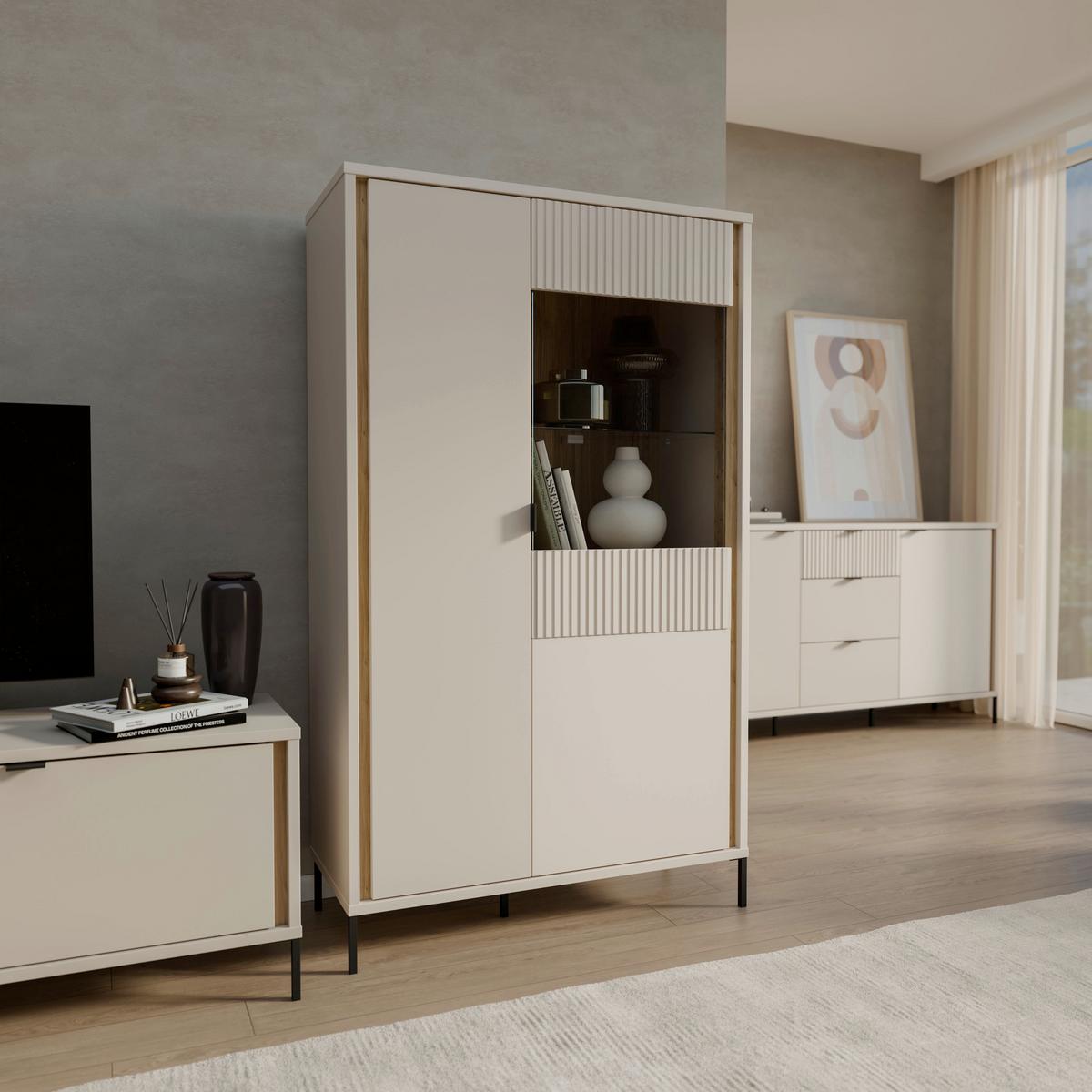 Vitrina Seravel - boje hrasta/boje pijeska, Natur, staklo/drvni materijal (94,1/160,8/41,5cm) - Modern Living