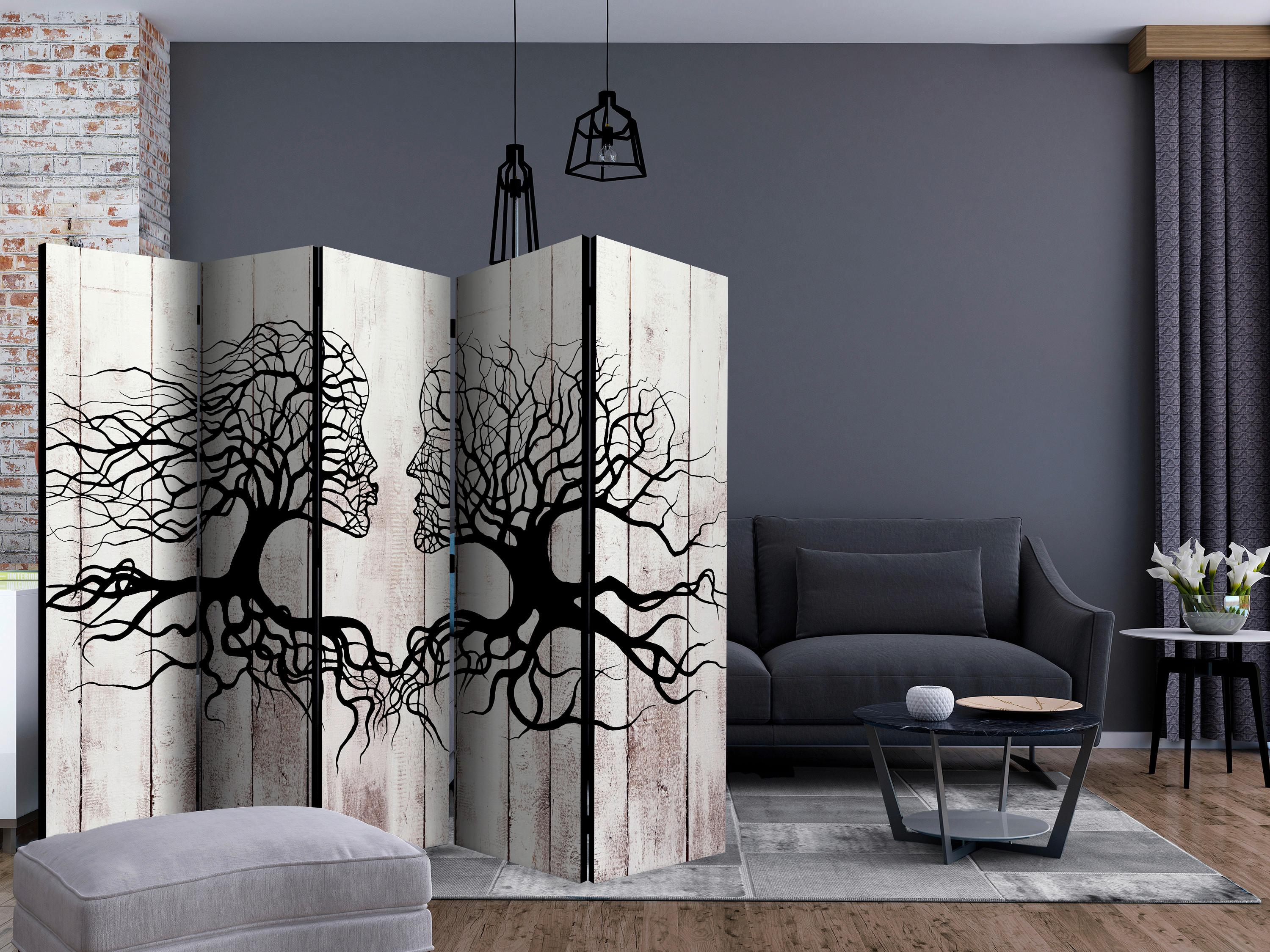 Paravan Kiss Of A Tree I, 5-Delni, Dvostranski - sivobež/črna, Basics, tekstil/les (225/172/3cm) - artgeist