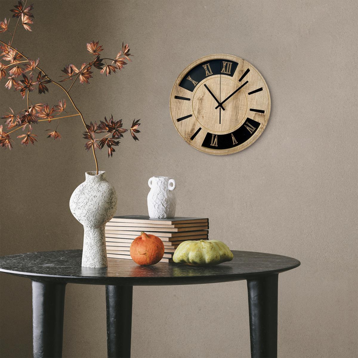 Wanduhr Schwarz/Eichefarben Ø ca. 36cm - Eichefarben/Schwarz, Basics, Holz/Kunststoff (36cm)