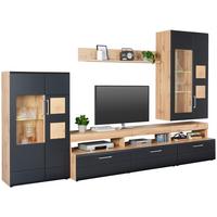 Wohnwand in Schwarz/Eichefarben - Chromfarben/Eichefarben, KONVENTIONELL, Glas/Holzwerkstoff (330/208/52cm) - Mömax