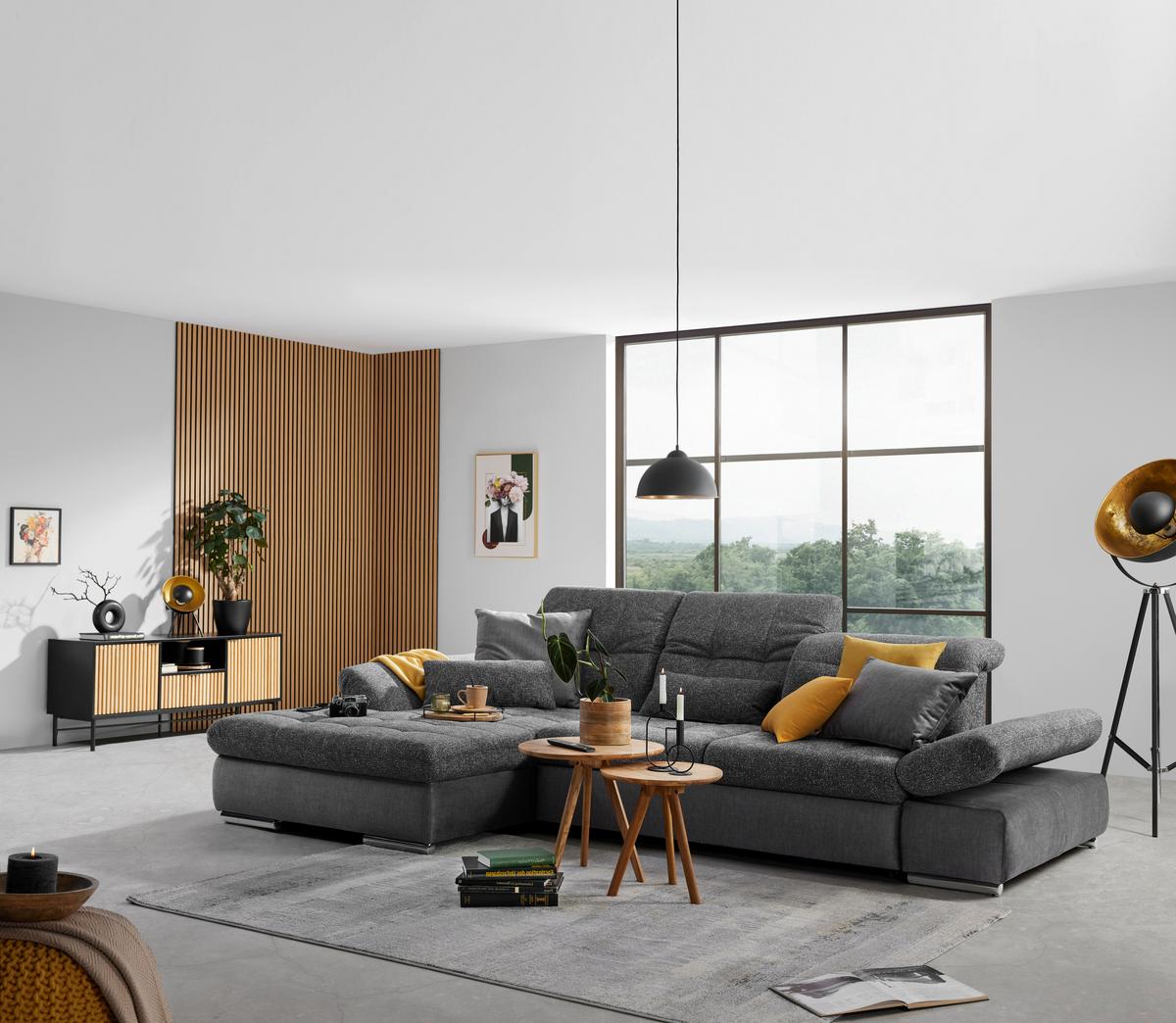 Wohnlandschaft Sanfino Graphitfarben/Grau - Chromfarben/Graphitfarben, KONVENTIONELL, Holz/Textil (199/79-96/305cm) - Premium Living