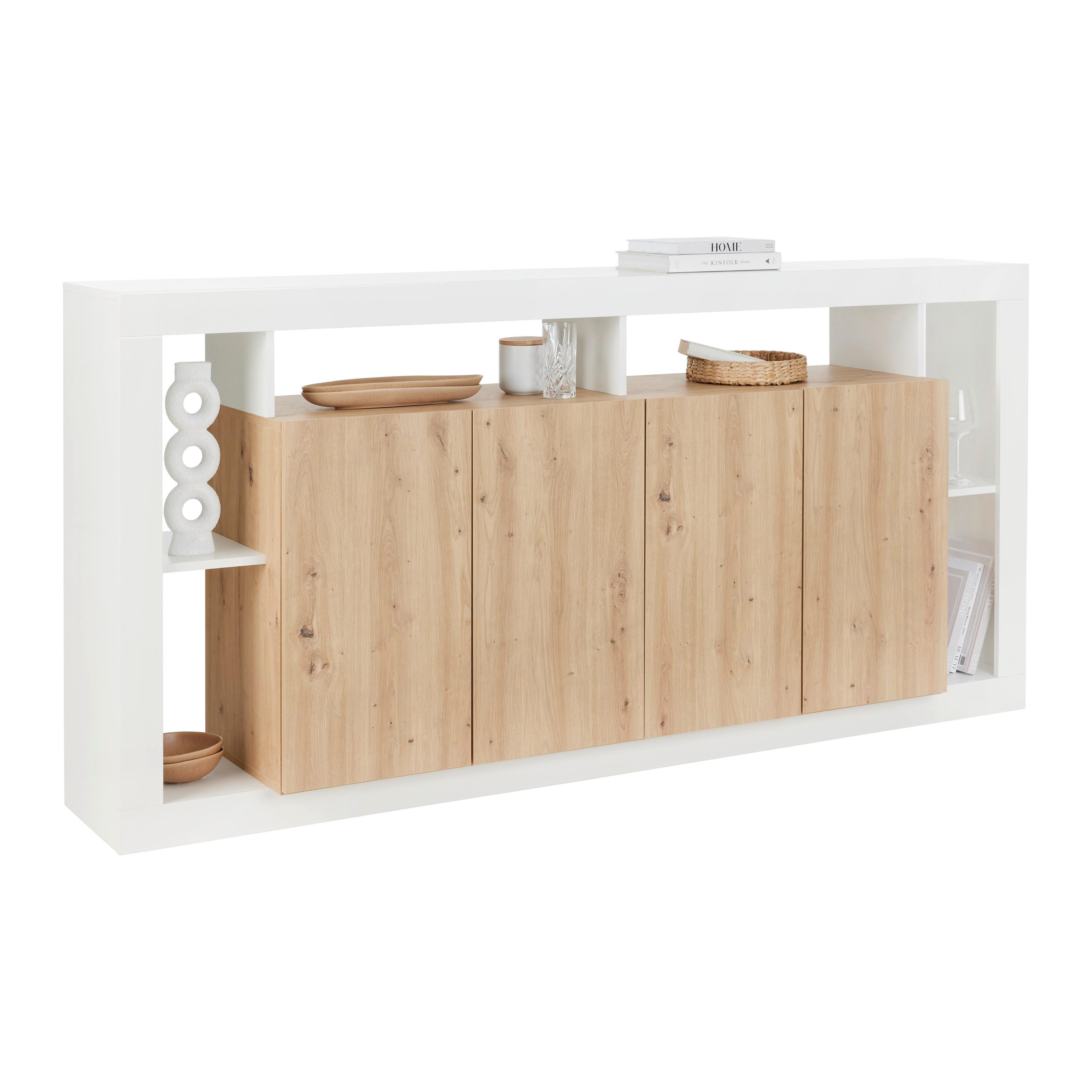 Sideboard Amarito in Weiss HG/Eiche Artisan - Weiss Hochglanz/Eiche Artisan, Konventionell, Holzwerkstoff (210/101/42cm) - Mömax