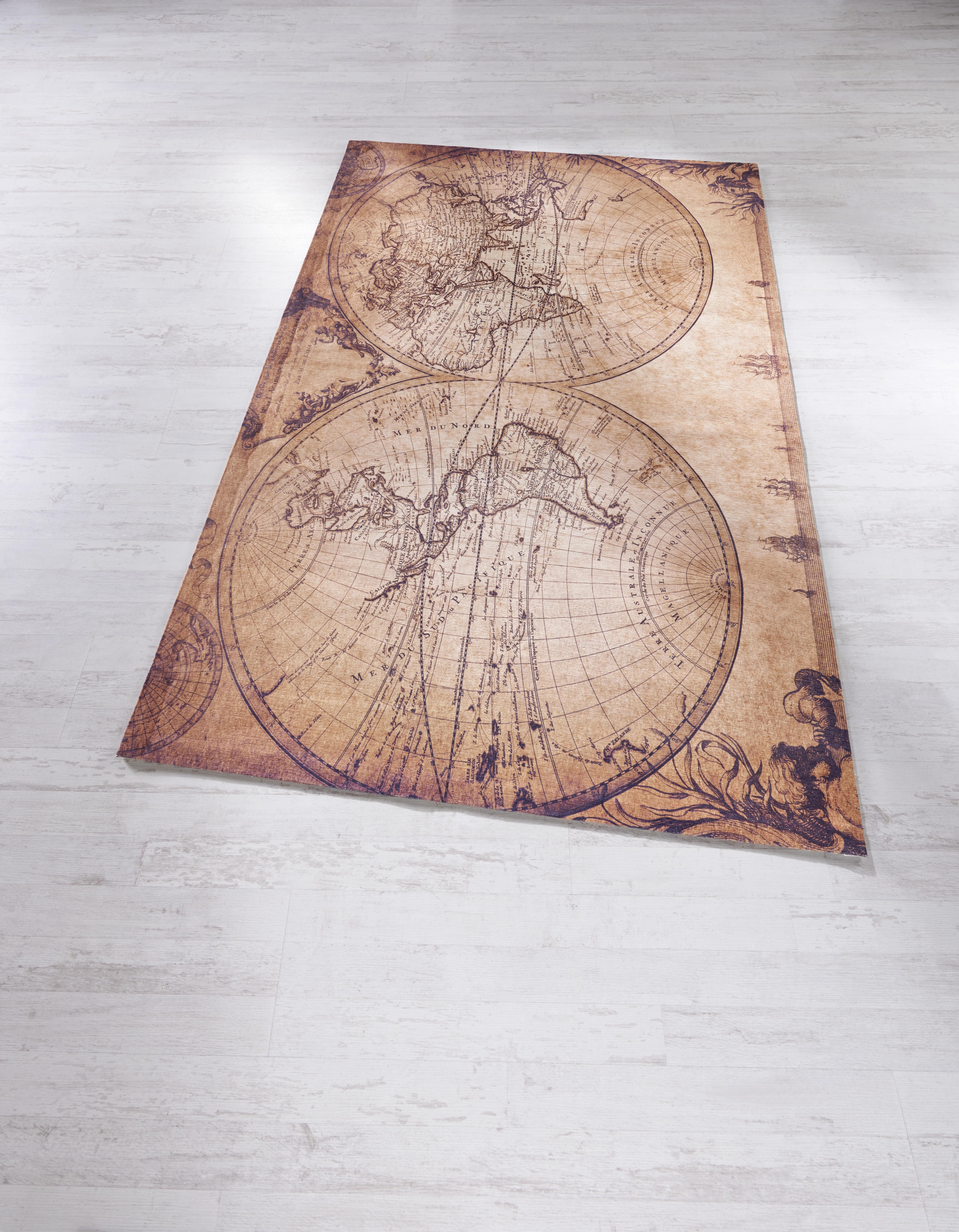 Flachwebeteppich World Map ca.120x180cm - Beige/Braun, ROMANTIK / LANDHAUS, Textil (120/180cm) - Modern Living