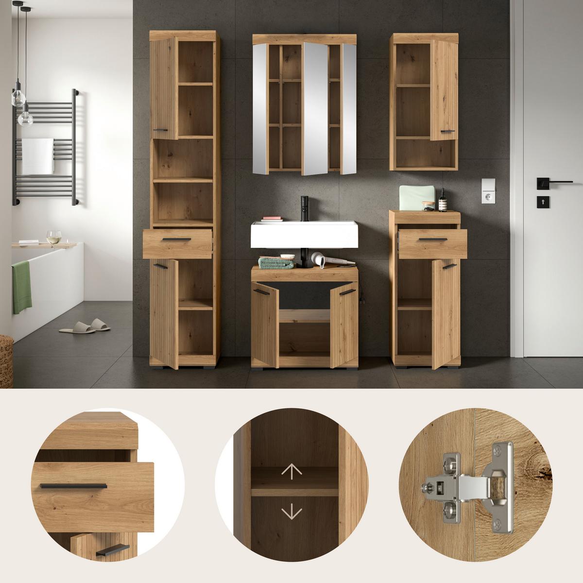 Badezimmer Scout Artisan Eiche 5-teilig - Schwarz/Eiche Artisan, Trend, Glas/Holzwerkstoff (134cm) - MID.YOU