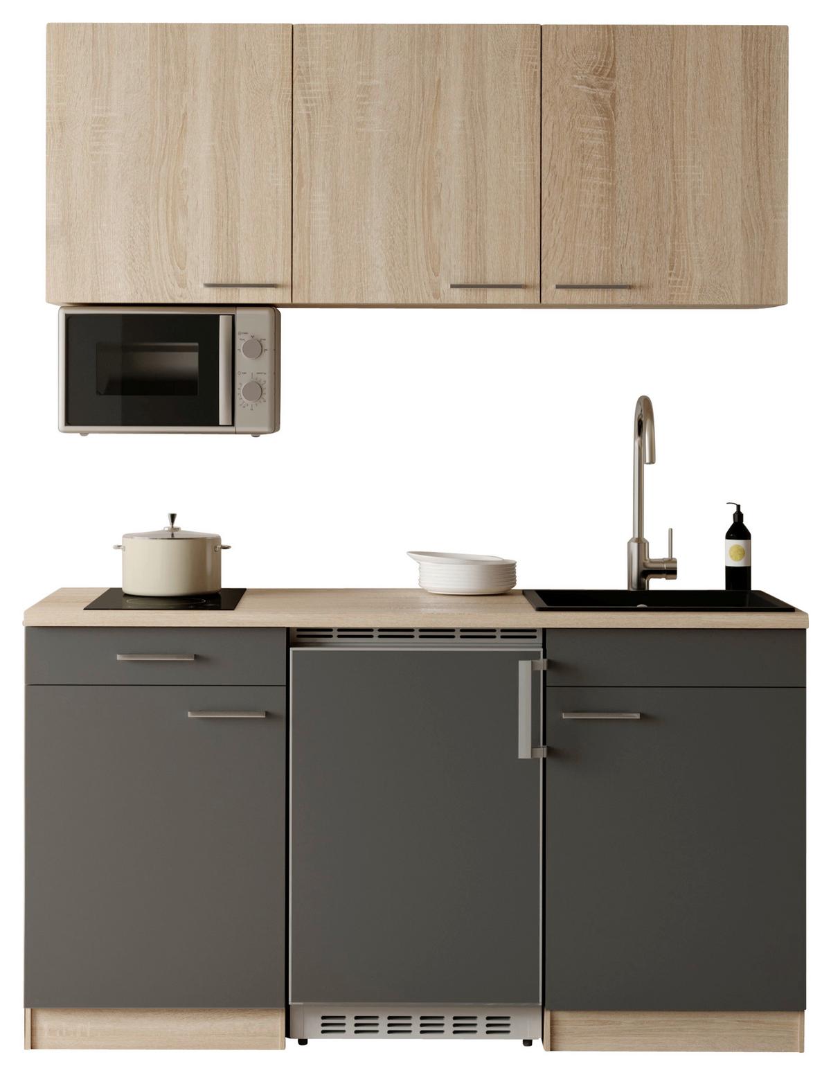 Miniküche Ingrid m. Geräten ca. 150cm Grau - Eichefarben/Alufarben, Design, Holzwerkstoff/Kunststoff (150cm) - Respekta