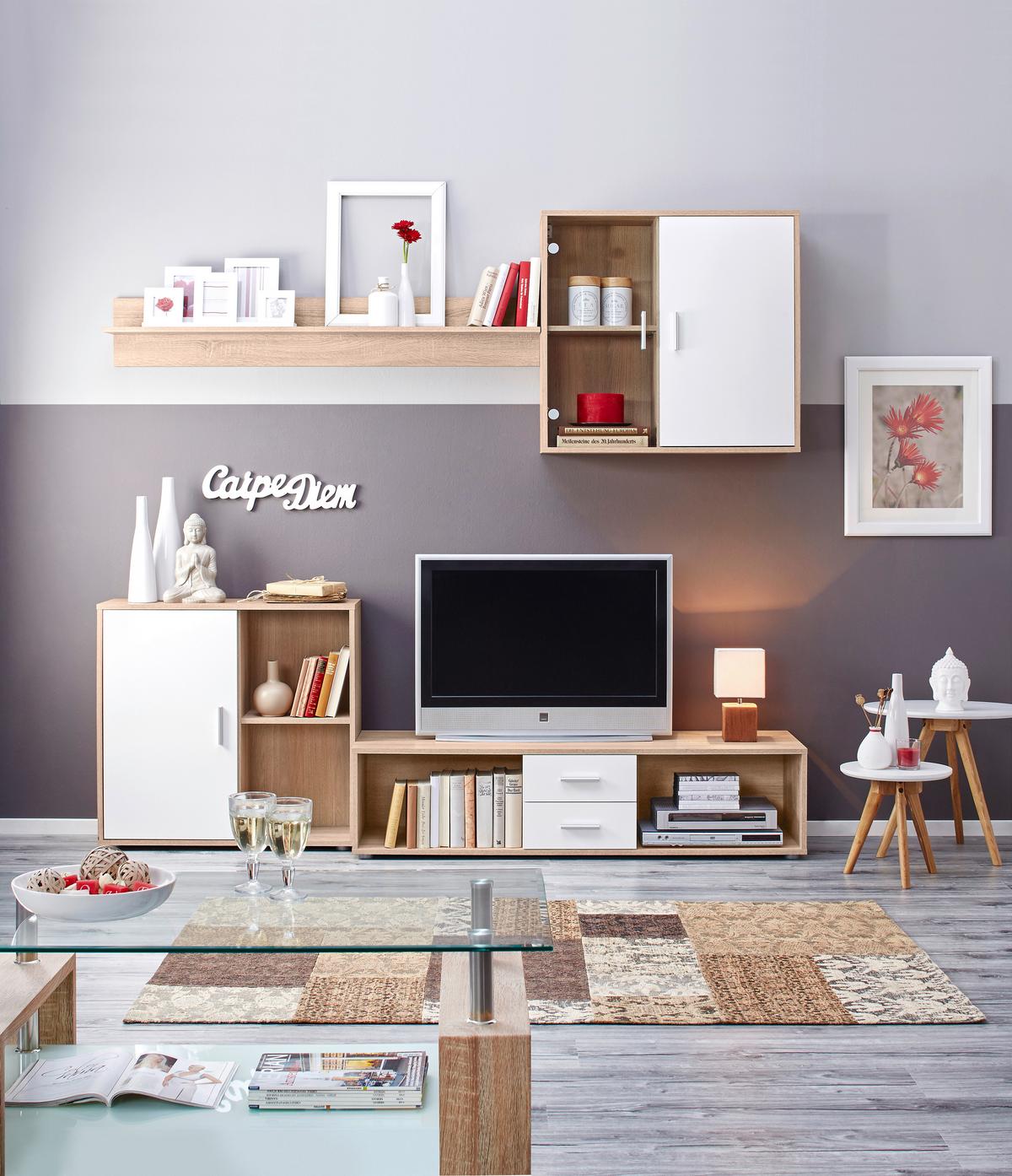 Wohnwand in Eichefarben - Weiss/Alufarben, Konventionell, Glas/Holz (218/190/42cm) - Based