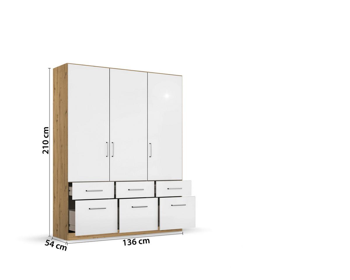 Ormar S Klasičnim Vratima Berlin - hrast Artisan/bijela visoki sjaj, Moderno, drvni materijal/plastika (136/210/54cm) - Modern Living
