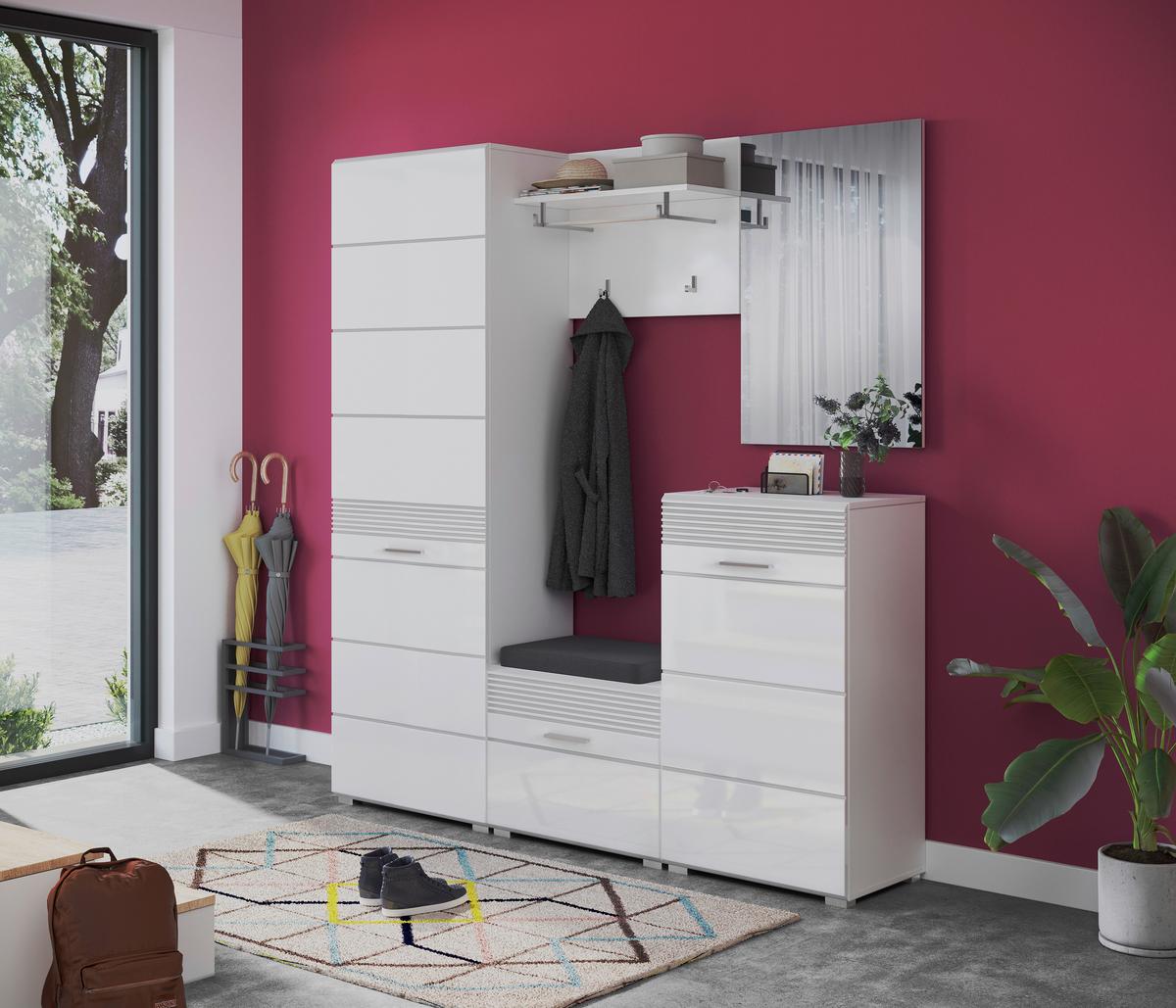 Serija Predsoblja Linus - bijela/bijela visoki sjaj, Design, drvni materijal/tekstil (170/190/37cm) - Modern Living