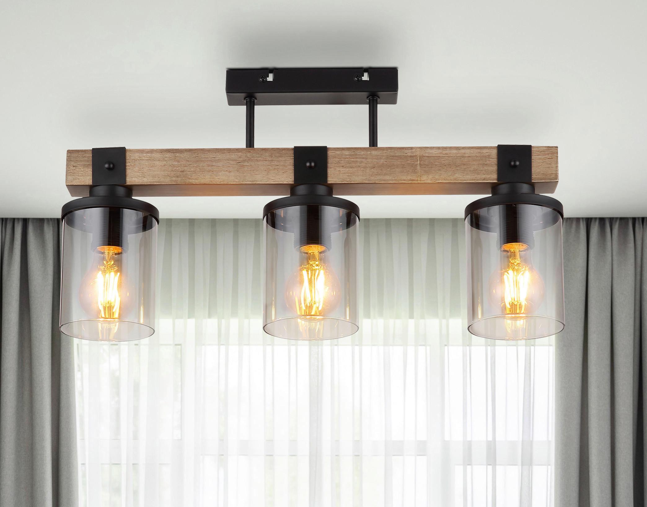 Deckenleuchte Lila max. 60 Watt - Dunkelbraun/Schwarz, Natur, Glas/Holz (52/10/28,6cm) - Globo