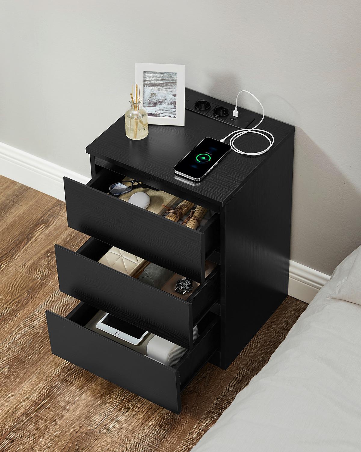 Nachtkästchen-Set Schwarz 2er-Set mit USB-Anschluss - Schwarz, MODERN, Holzwerkstoff (40/59/35cm) - MID.YOU