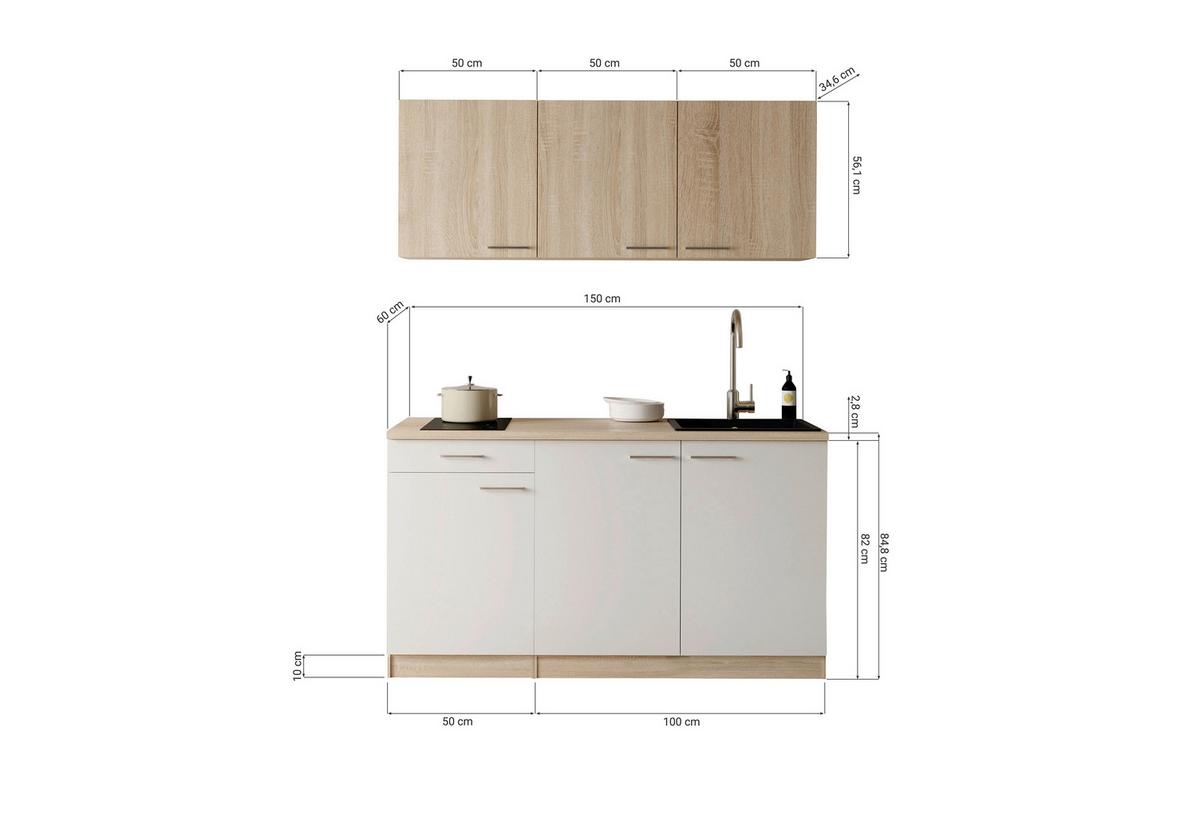 Miniküche Ingrid m. Gerät ca. 150cm Schwarz - Eichefarben/Schwarz, Design, Holzwerkstoff/Kunststoff (150cm) - Respekta