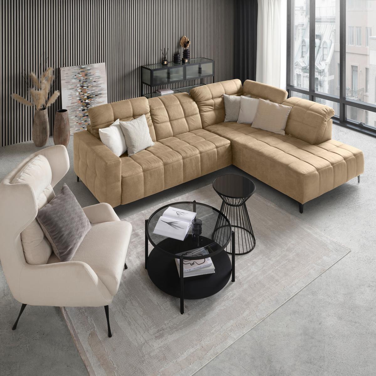 Ecksofa Panama rechts Beige - Beige/Schwarz, KONVENTIONELL, Textil/Metall (304/89-102/216cm) - Premium Living