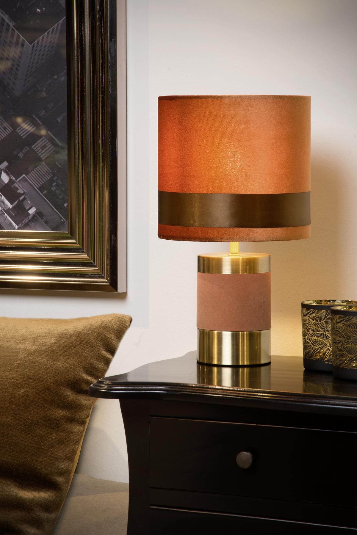 LAMPA STOŁOWA 10500/81/43 FRIZZLE - kolor złoty/brązowy, Konventionell, metal/tkanina (18/32cm) - Lucide