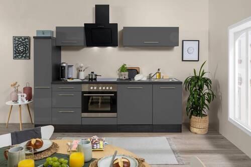 Küchenzeile Grau Hochglanz/ Schwarz mit Geräte B: 250 cm - Alufarben/Schwarz, Basics, Holzwerkstoff (250cm) - Respekta