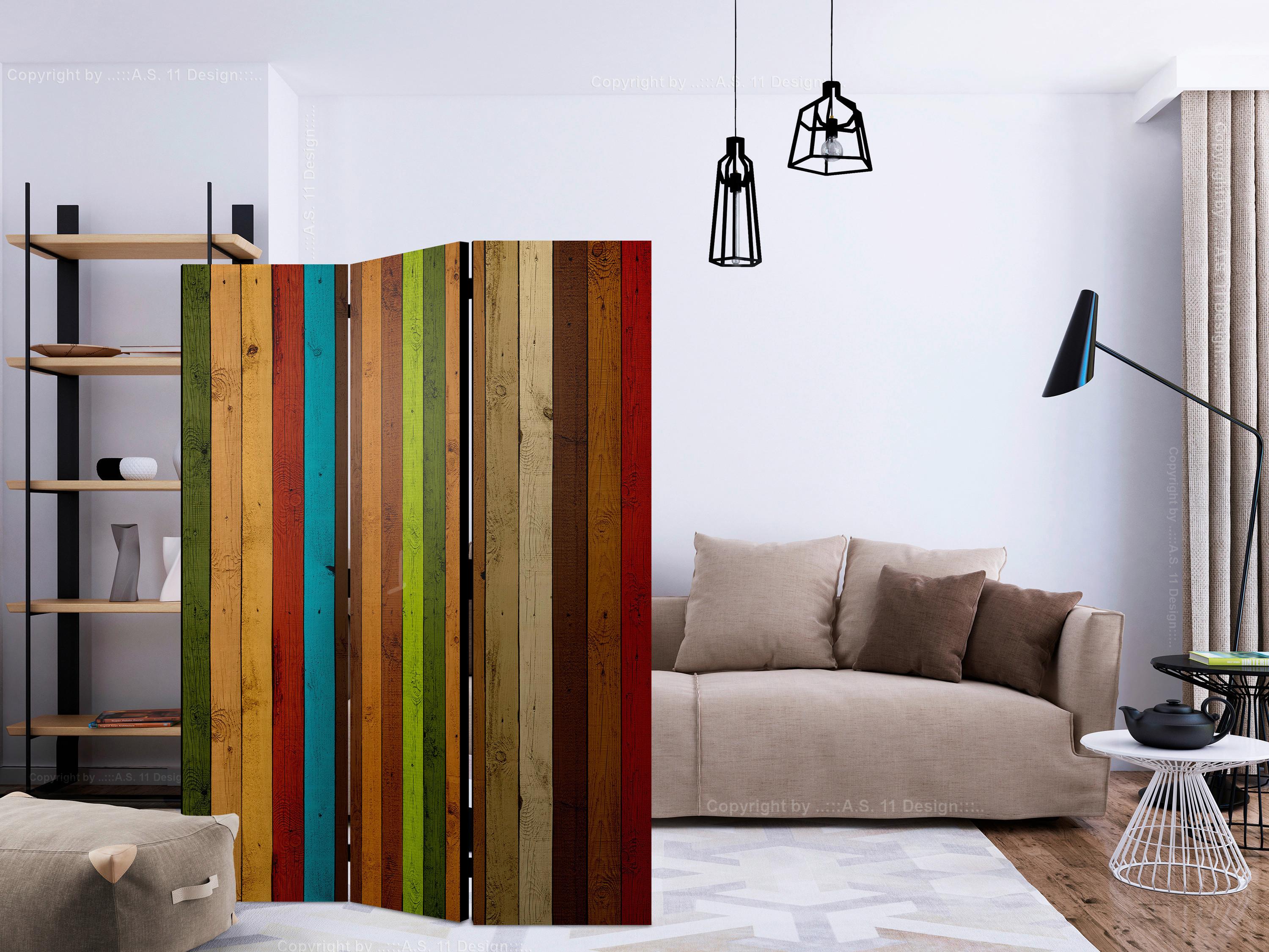 Paravan Wooden Rainbow, 3-Delni, Dvostranski - večbarvno, Basics, tekstil/les (135/172/3cm) - artgeist