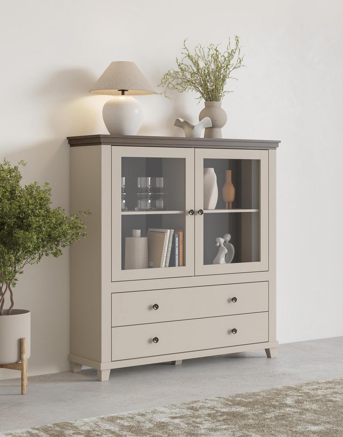 Félmagas Szekrény Evora - kasmírszínű/tölgyfa színű, Design, faalapú anyag/üveg (126/138/42cm)