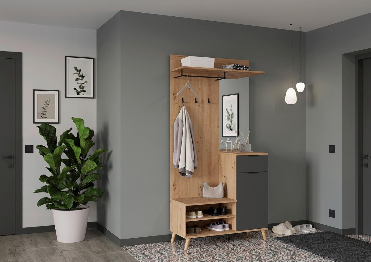 PRZEDPOKÓJ NORDIC - kolor grafitowy/dąb artisan, Design, materiał drewnopochodny/szkło (100/202/40cm) - home24