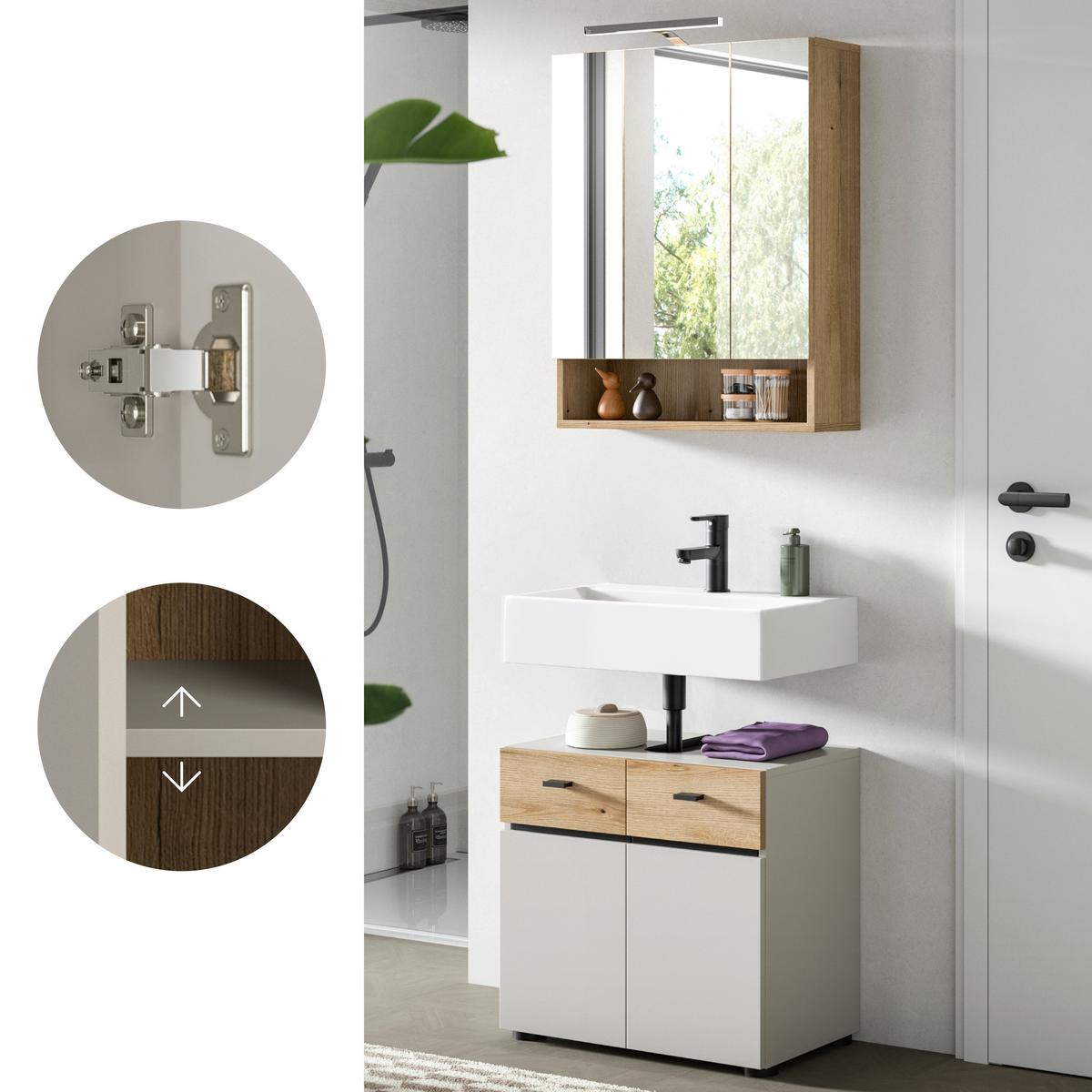 Badezimmer Aqua Eichefarben/Kaschmir 2-teilig - Kaschmir/Eichefarben, Trend, Glas/Holzwerkstoff (60cm) - MID.YOU