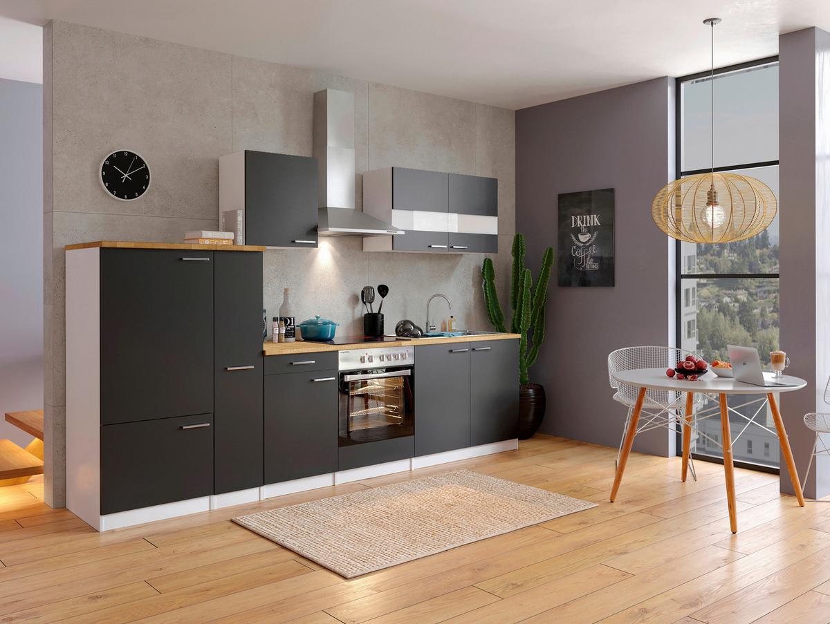Küchenzeile Economy m. Geräten Schwarz/Nussbaum B: ca. 300 cm - Edelstahlfarben/Nussbaumfarben, Basics, Holzwerkstoff/Metall (300cm) - Respekta