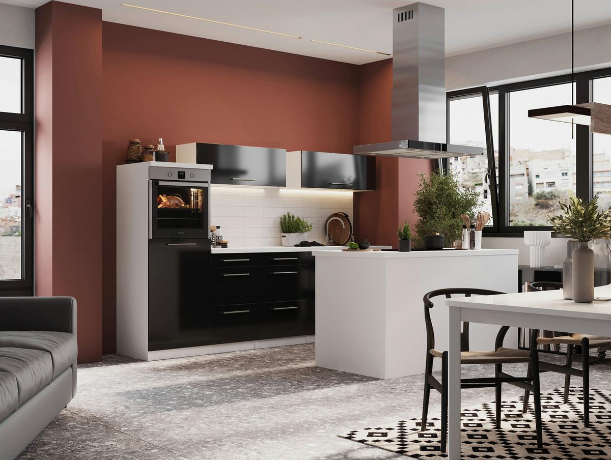 Inselküche Premium Weiss Hoch glanz m. Geräten B: ca. 280 cm - Schwarz/Weiß, MODERN, Holzwerkstoff/Metall (280/160cm) - Respekta