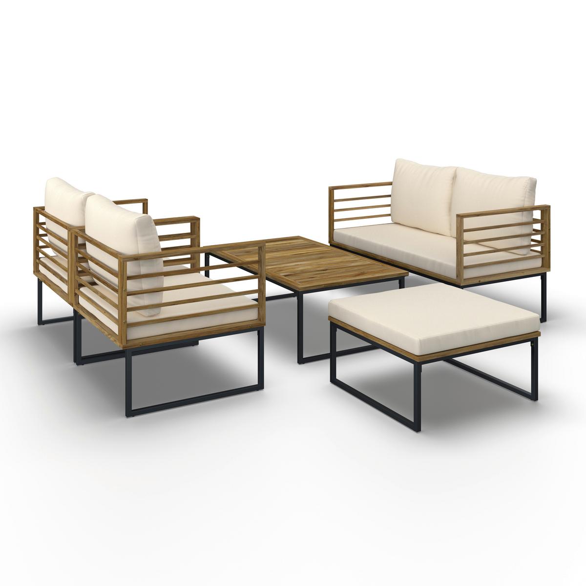 Loungegarnitur Silas Creme Holz/Textil/Metall - Creme/Akaziefarben, Modern, Holz/Textil (130/85/80cm) - Bessagi Garden