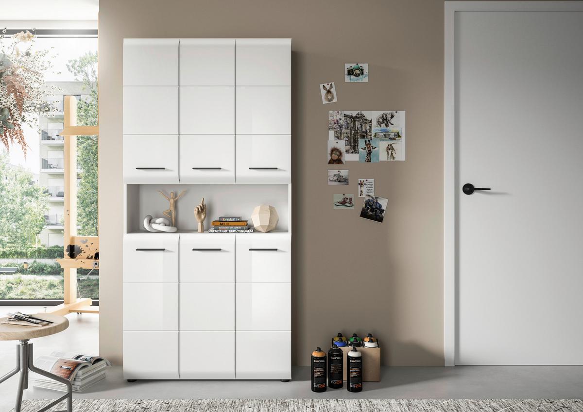 Hochschrank Ice ca. 90x185x30 cm Weiß - Weiß Hochglanz/Silberfarben, MODERN, Holzwerkstoff/Kunststoff (90/185/30cm) - MID.YOU