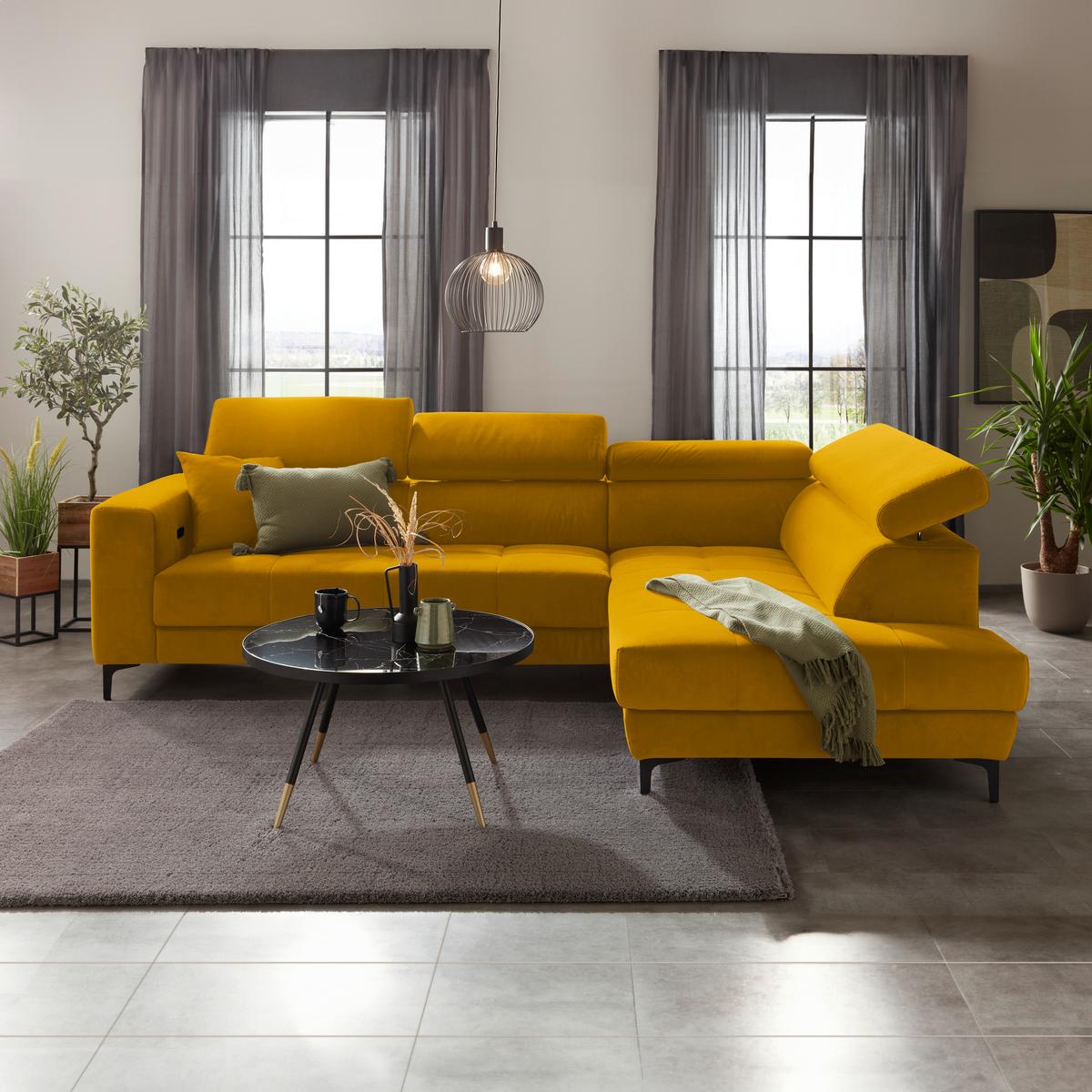 Ecksofa Emma rechts Gelb - Gelb/Schwarz, MODERN, Textil (301/210cm) - Premium Living