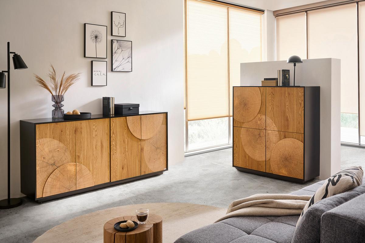 KOMODA WOODY - kolor dębowy/czarny, Lifestyle, materiał drewnopochodny (110/115,5/40cm) - Xora