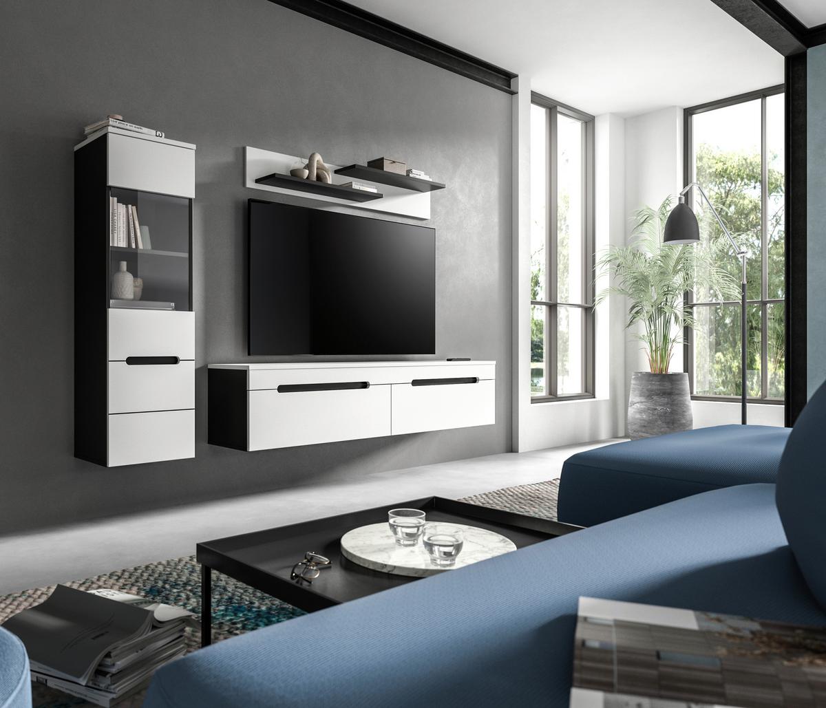 Wohnwand Canu Weiß/Basalt Grau - Schwarz/Weiß, Design, Holzwerkstoff/Kunststoff (221/141/33cm) - Livetastic