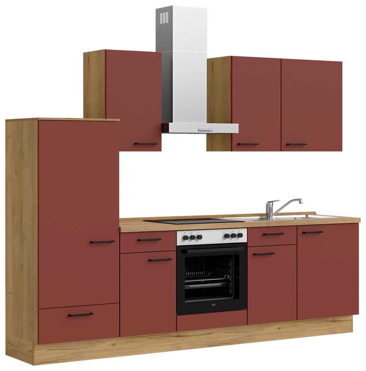 Küchenblock Easytouch Low m. Geräten Dunkelrot - Eichefarben/Schwarz, MODERN, Holzwerkstoff/Metall (270cm) - Nobilia
