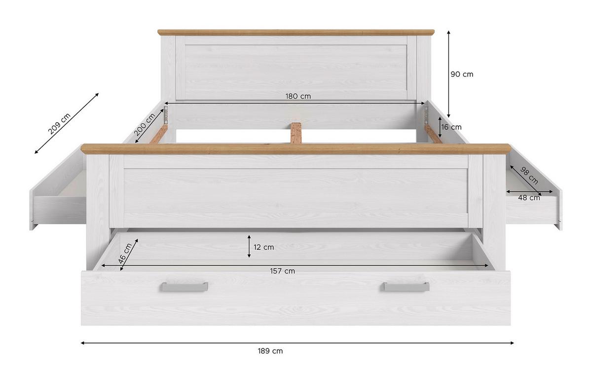 Bett VERONA Weiß ca. 180x200 cm MDF, Bettlade - Lärchefarben, ROMANTIK / LANDHAUS, Holzwerkstoff (180/200cm) - Livetastic