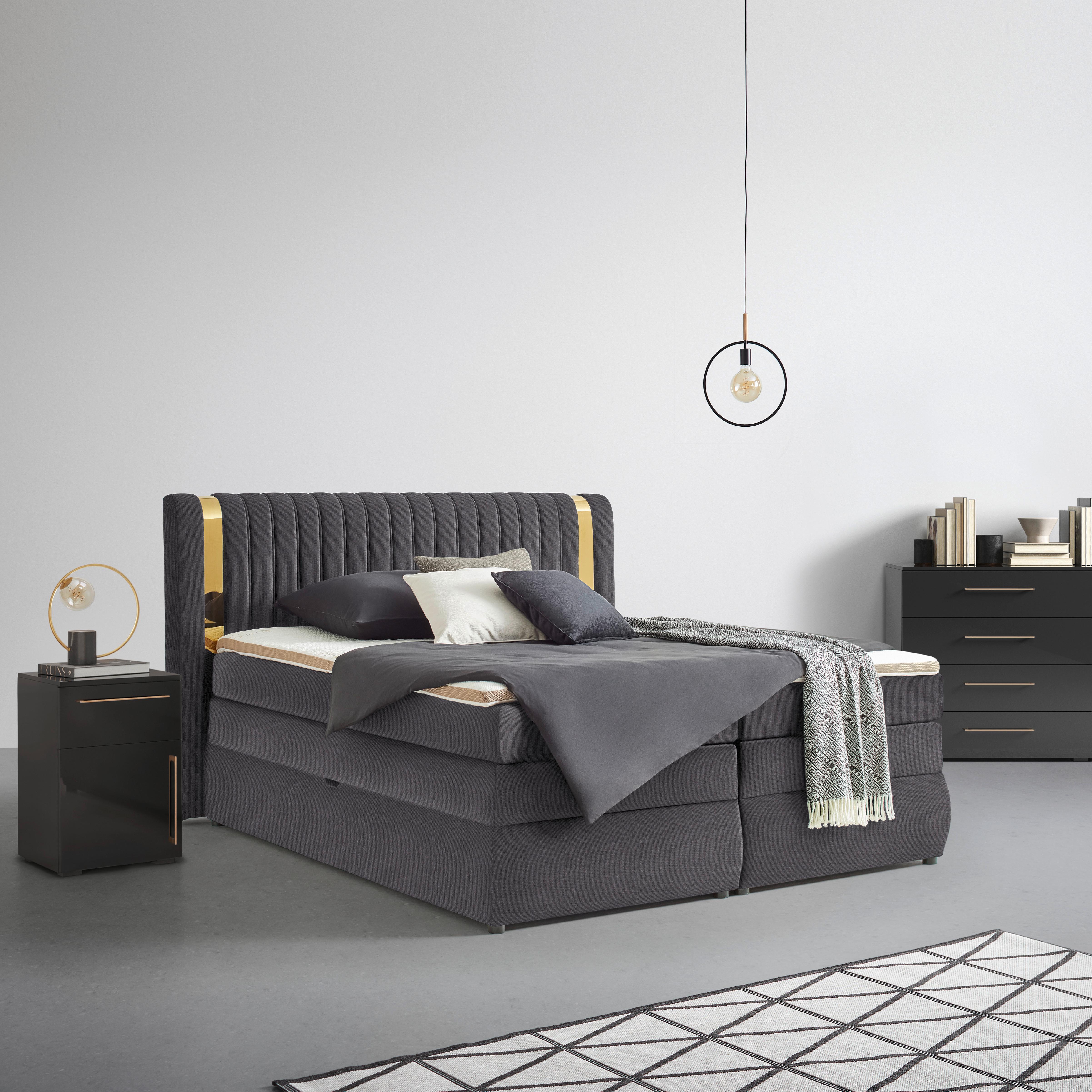 Boxspringbett Minola Gold Anthrazit ca. 160x200cm - Anthrazit/Schwarz, KONVENTIONELL, Kunststoff/Textil (160/200cm) - Premium Living