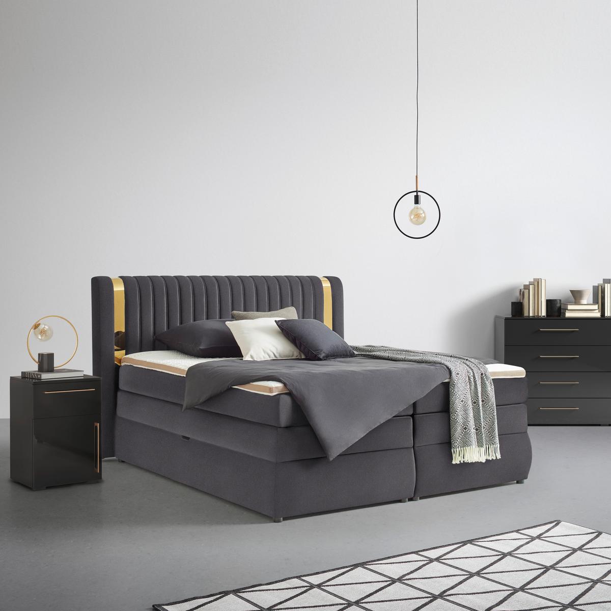 Boxspringbett Minola Gold Anthrazit ca. 160x200cm - Anthrazit/Schwarz, KONVENTIONELL, Kunststoff/Textil (160/200cm) - Premium Living