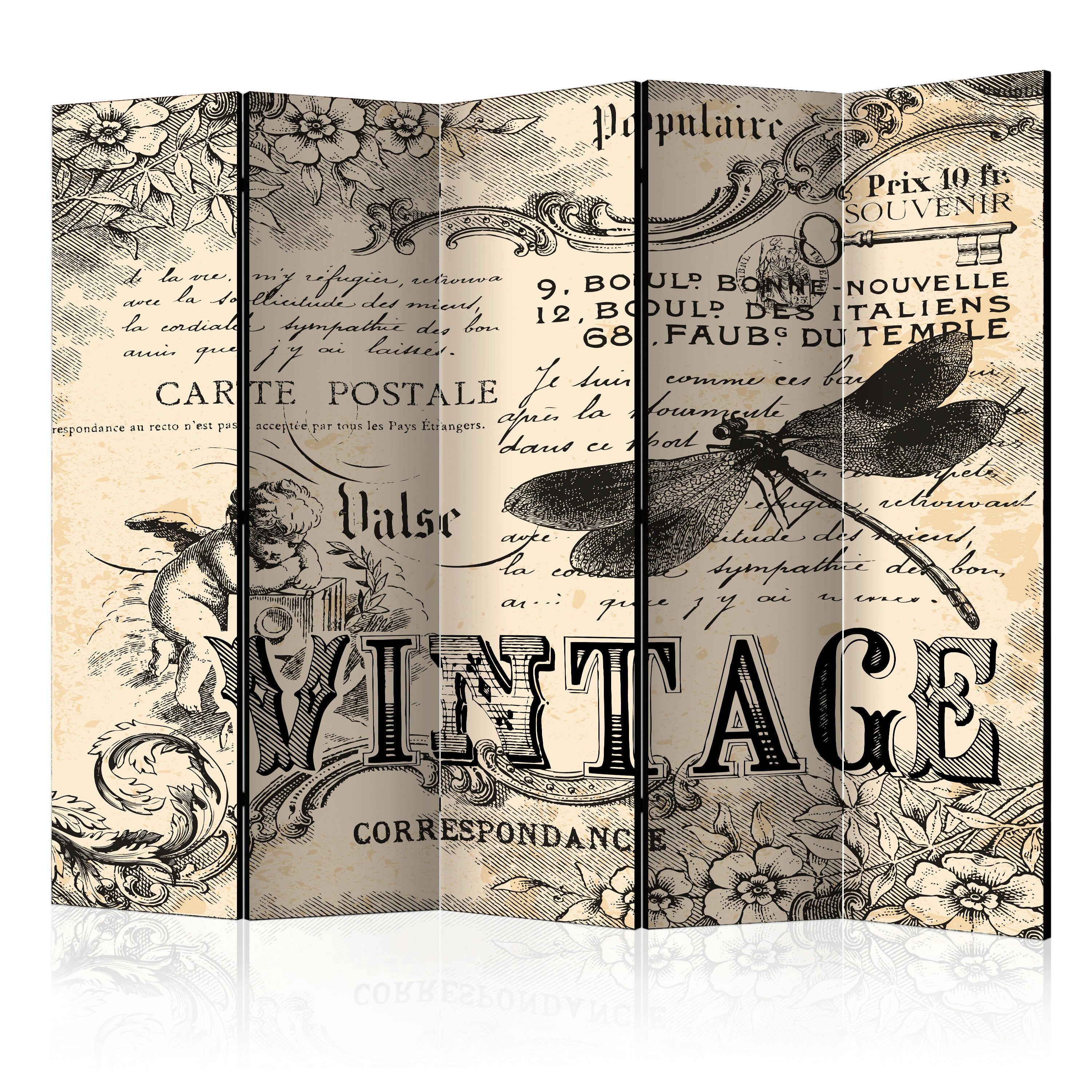 Paravan Vintage I, 5-Delni, Dvostranski - siva/krem barve, Basics, tekstil/les (225/172/3cm) - artgeist